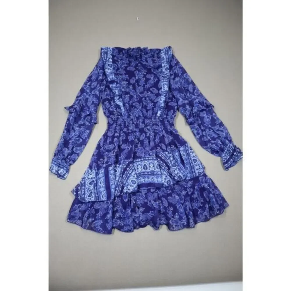 Aqua Girl Navy Blue Long Sleeve Paisley Dress‎ Size L 10/12